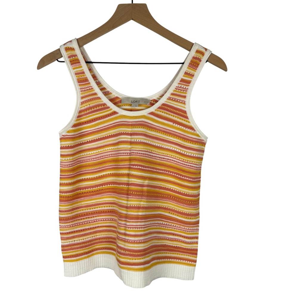 LOFT Knit Tank Top Small Petite Orange Yellow Striped Sleeveless Cotton Vest